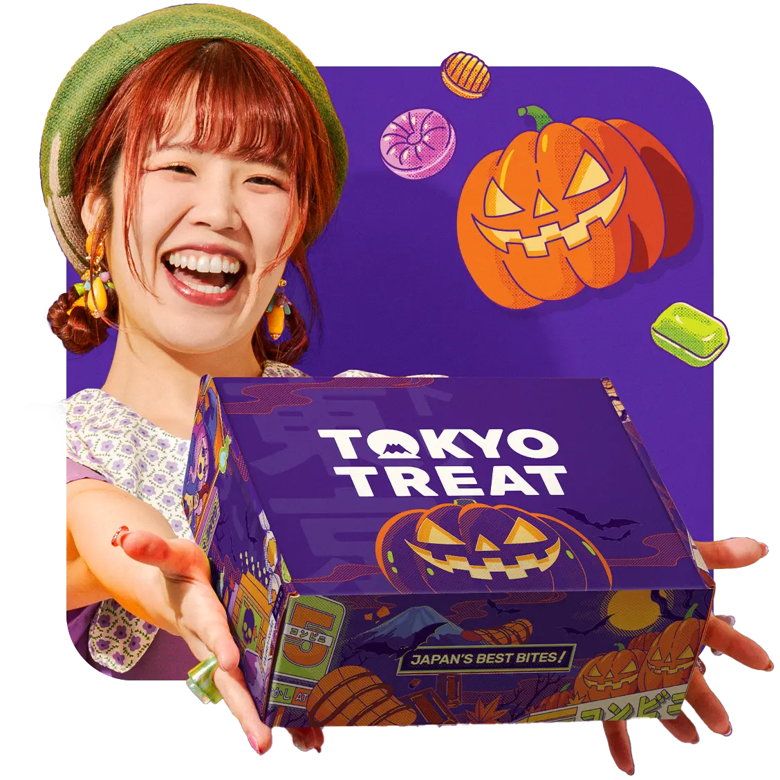 Japanese woman holding violet TokyoTreat box with a pumpkin above it 