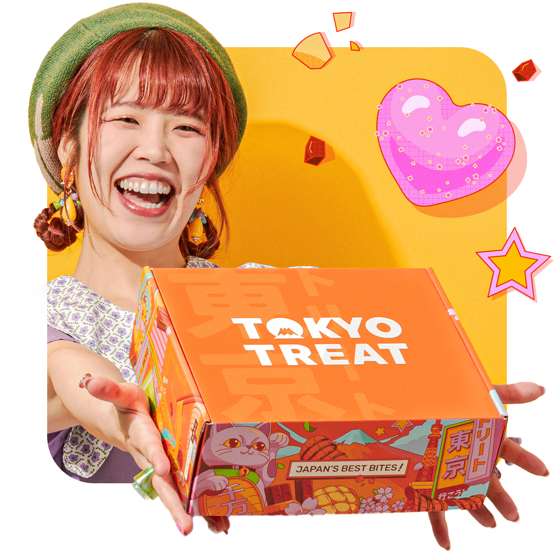Japanese woman holding violet TokyoTreat box with a pumpkin above it 