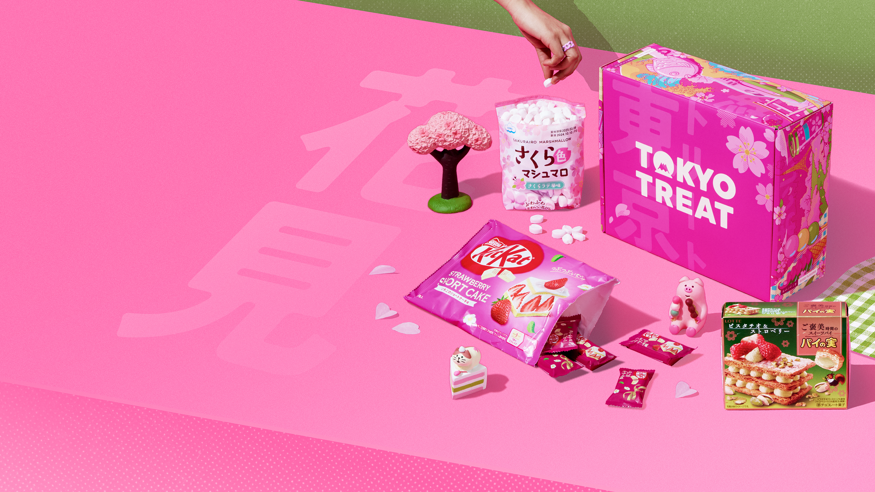 TokyoTreat's delicious Cherry Blossom Bites box surrounded by Japan-exclusive snacks like KitKats, chips, and candy.