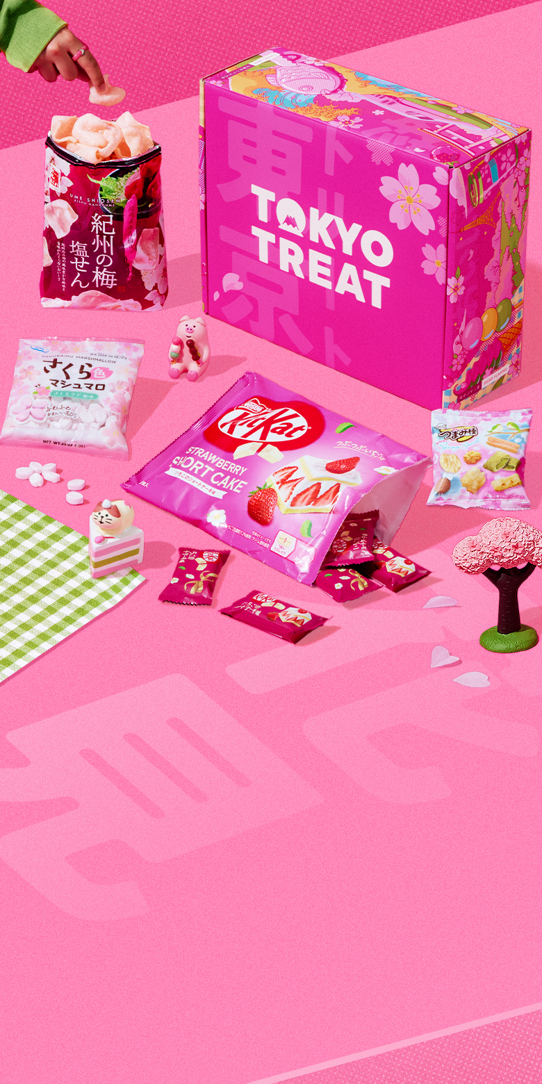 The TokyoTreat Cherry Blossom Bites box on a pink background.