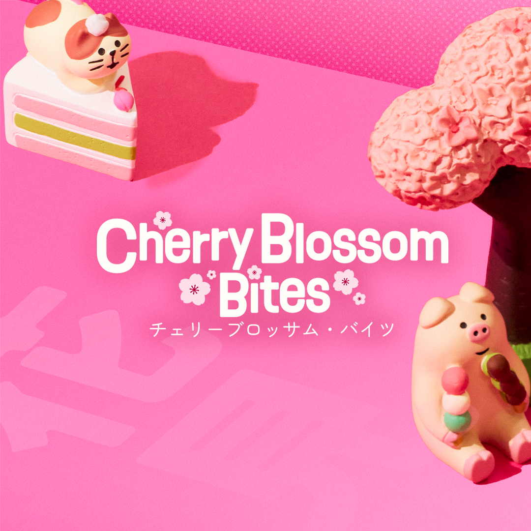 The Cherry Blossom Bites logo on a pink background surrounded by animals enjoying a hanami.