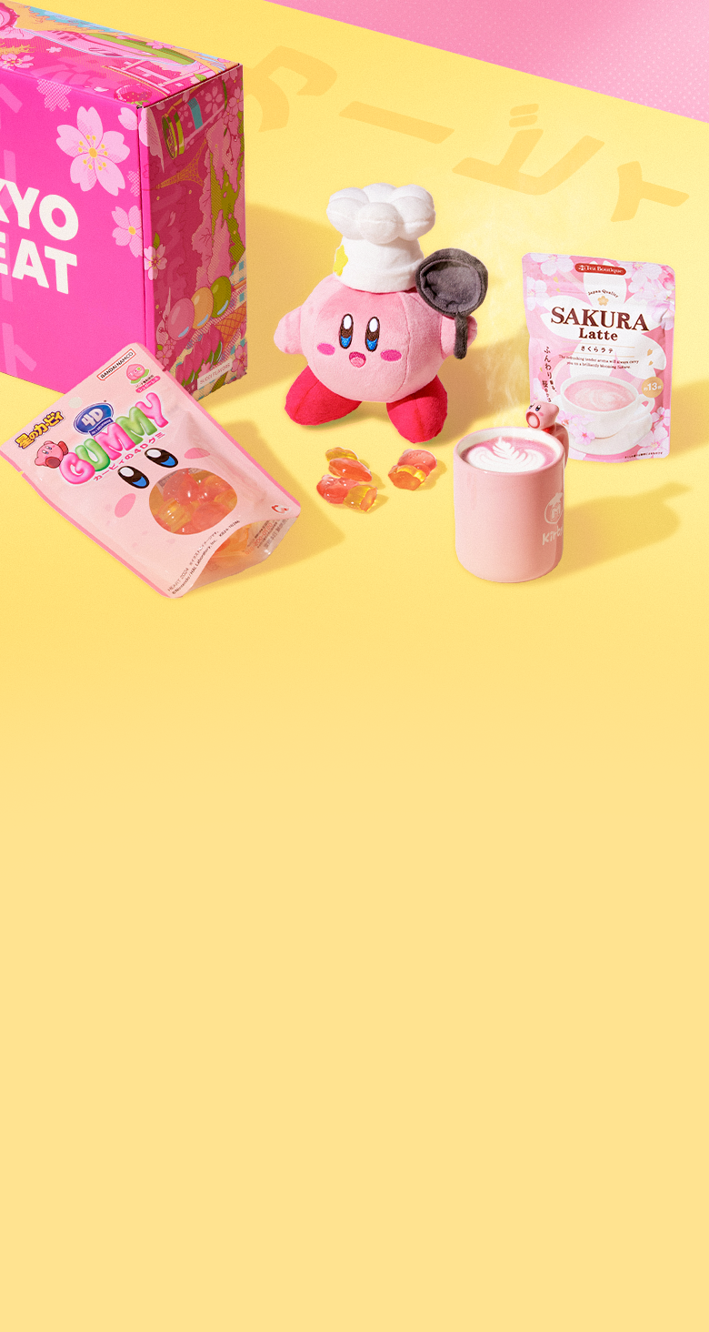 A Kirby mug, plushie, and gummies on a yellow background next to a pack of sakura latte and a sakura TokyoTreat box.