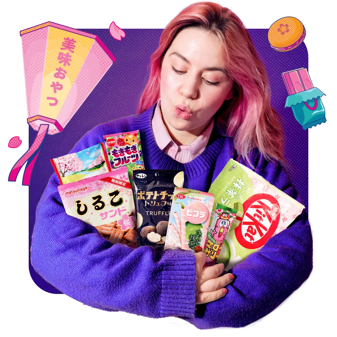 A very enthusiastic person with cool pink hair eating Japanese snacks.