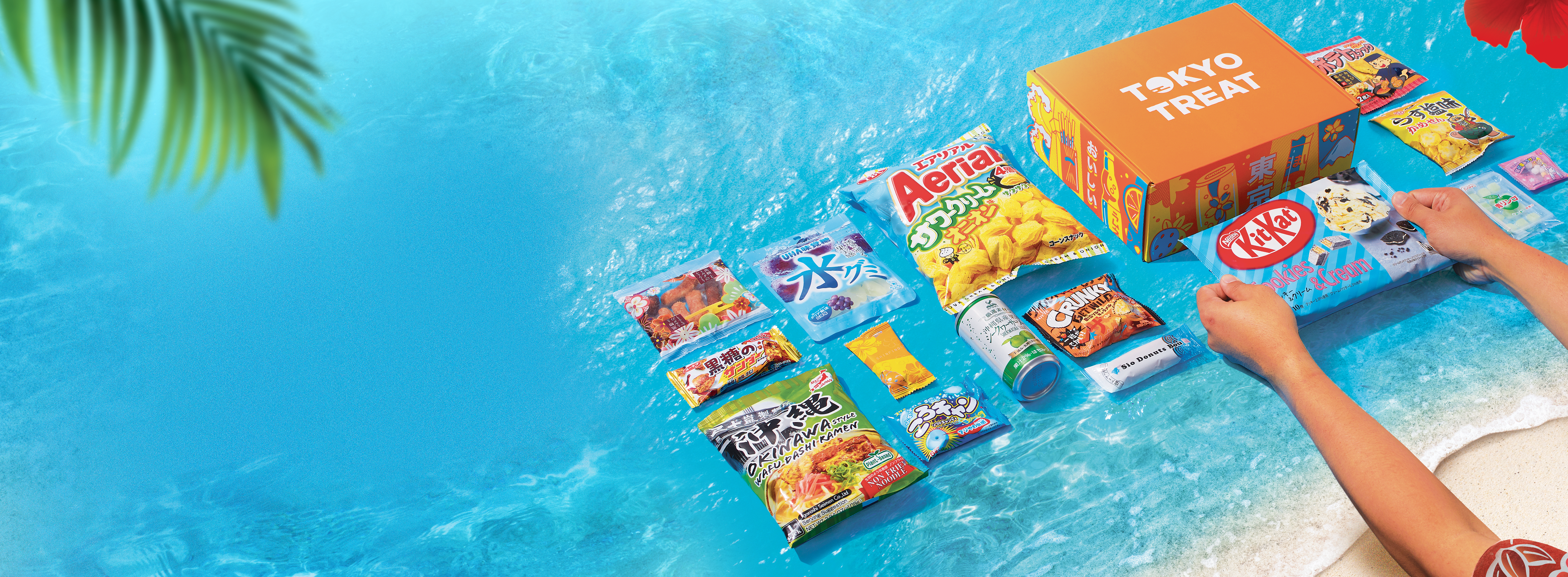 TokyoTreat box sits on an Okinawa beach background, surrounded by box snack items.