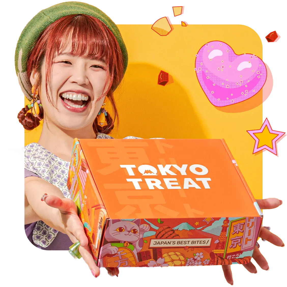 Asian woman holding orange TokyoTreat box with pink heart above 
