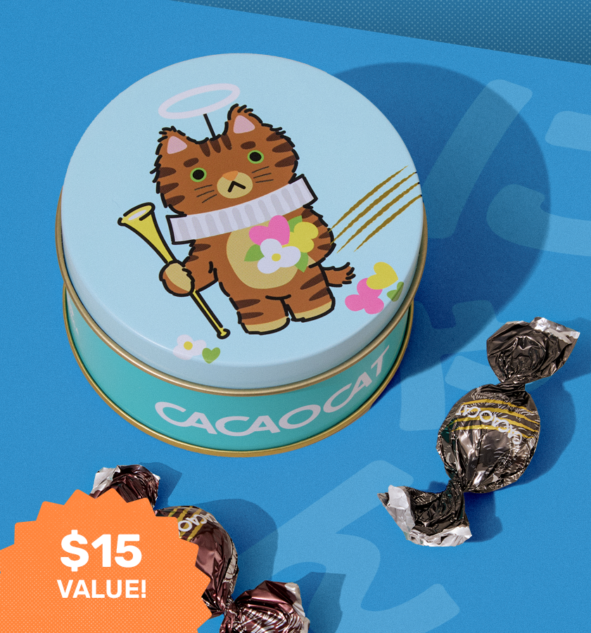 Cat chocolate tin on blue background 