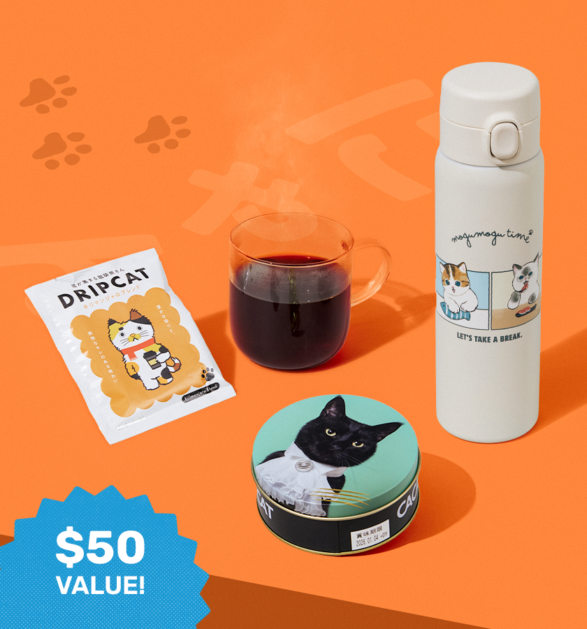 Mofusand merch and cat chocolate tin and coffee on orange background 