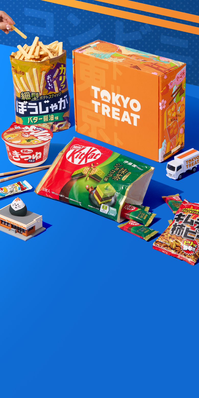 TokyoTreat box on blue background with konbini-themed snacks around it 