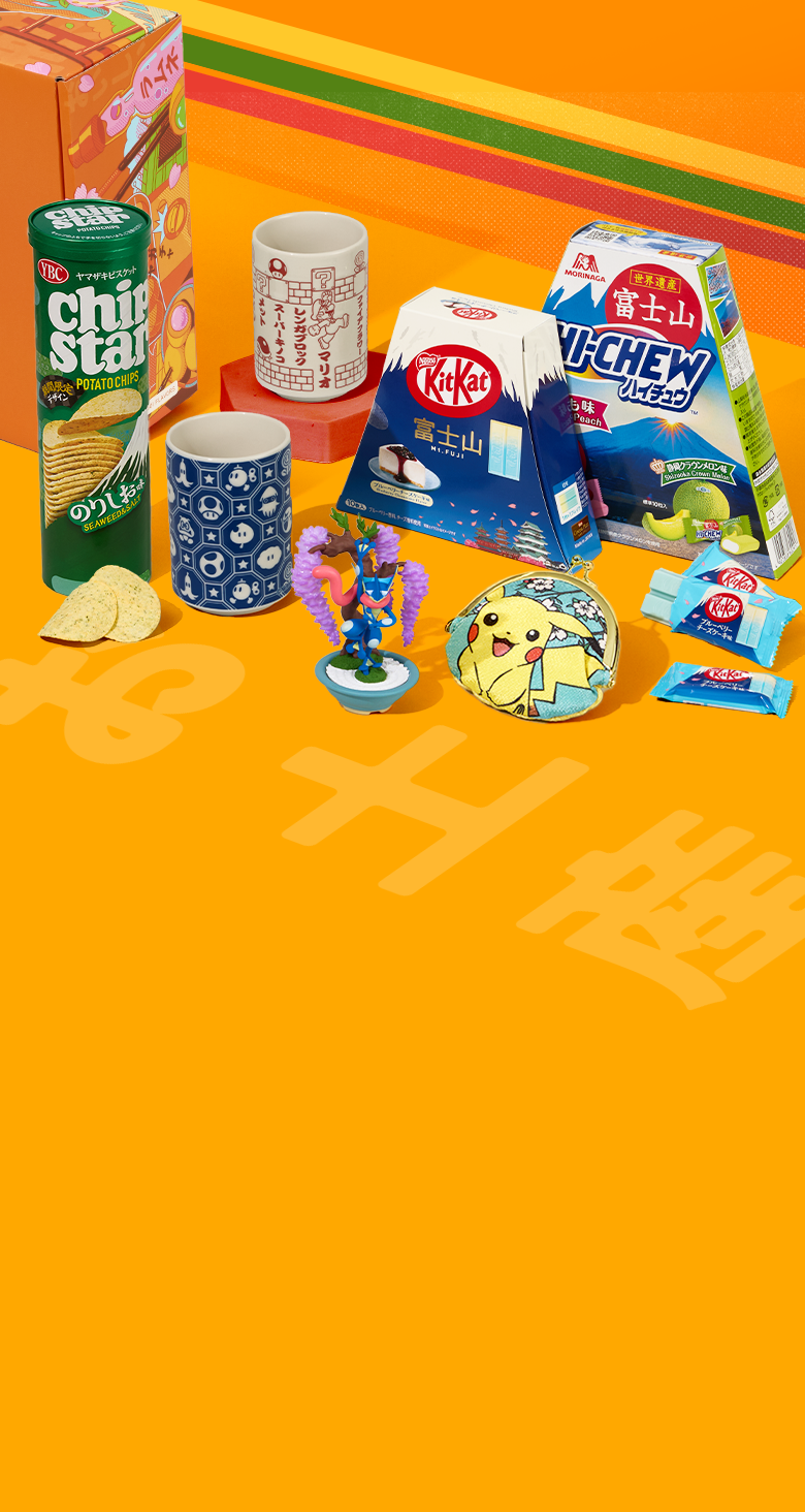 Japan character merch and snacks on yellow background with stripes 