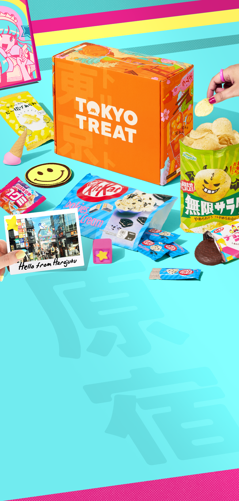 Orange TokyoTreat box with Harajuku-themed snacks around it on neon background 