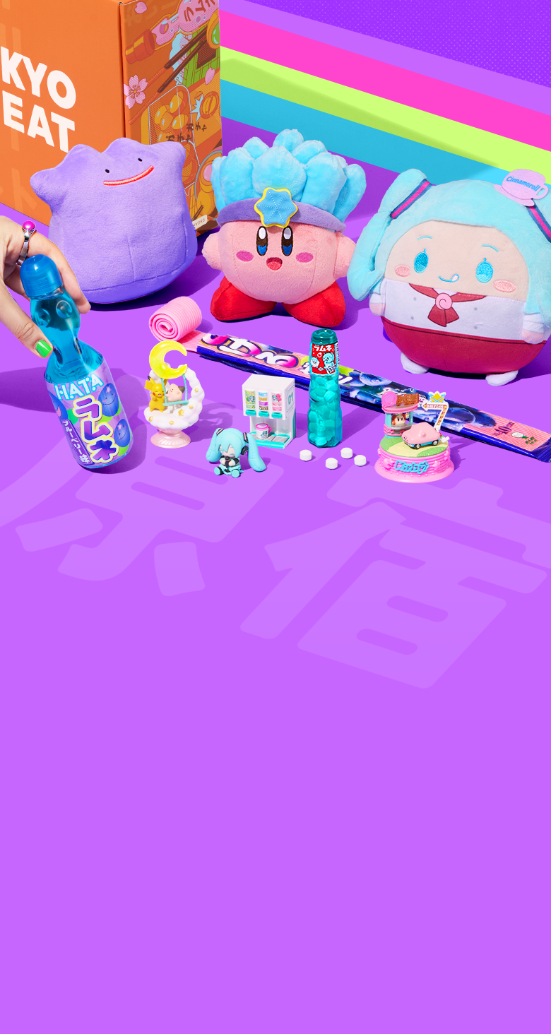 Japan character merch and Ramune snacks on purple background 
