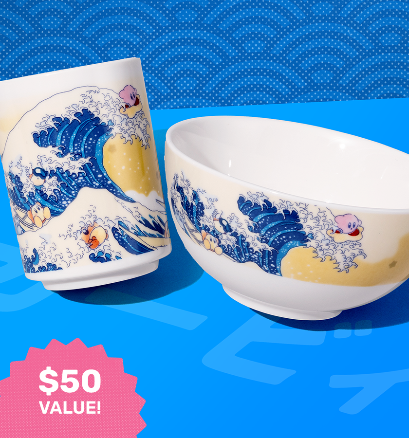 Kirby bowl and tea cup on blue background 