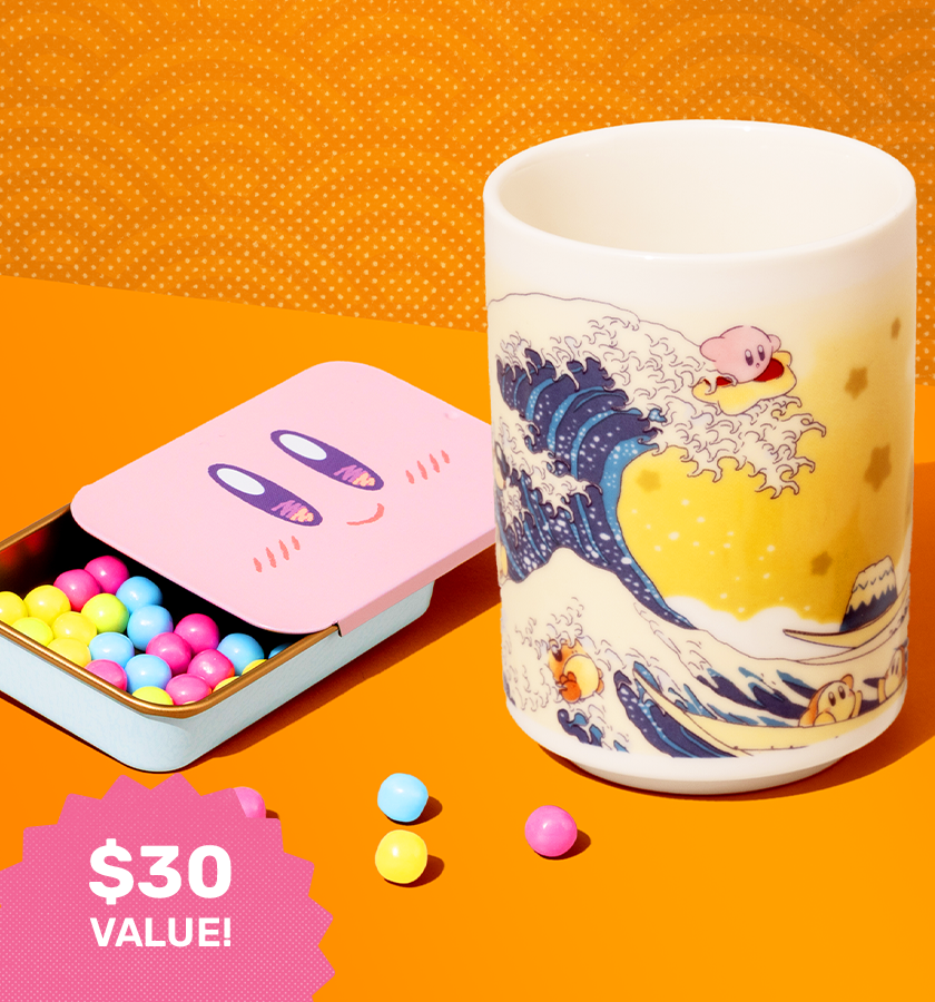 Kirby teacup and snacks on yellow background 