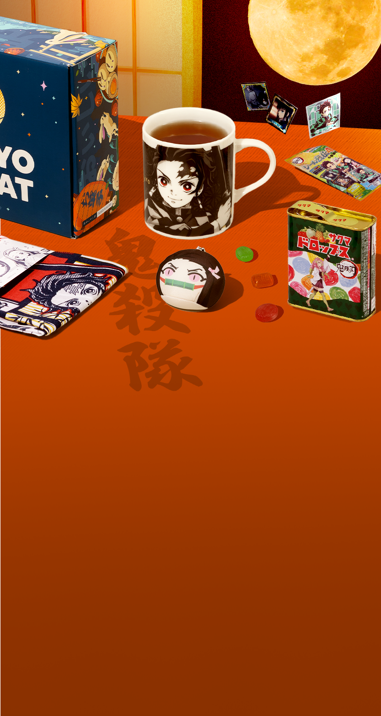 Demon Slayer merch and snacks on a red background with moon in the back