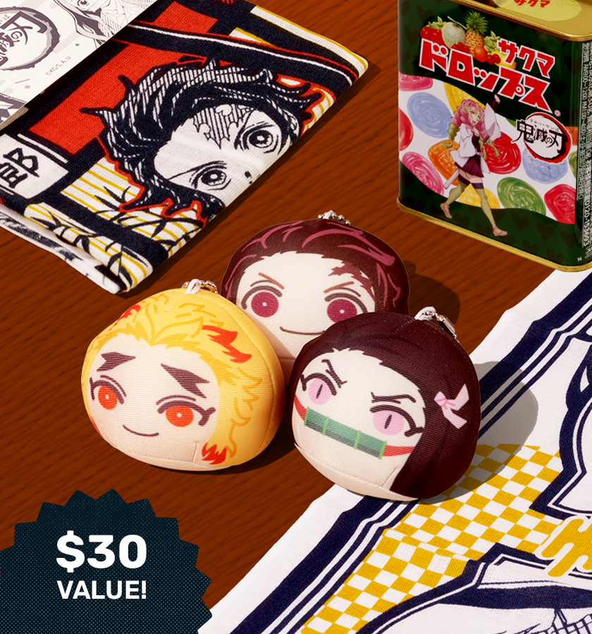 Demon Slayer mascot & snacks on red background 