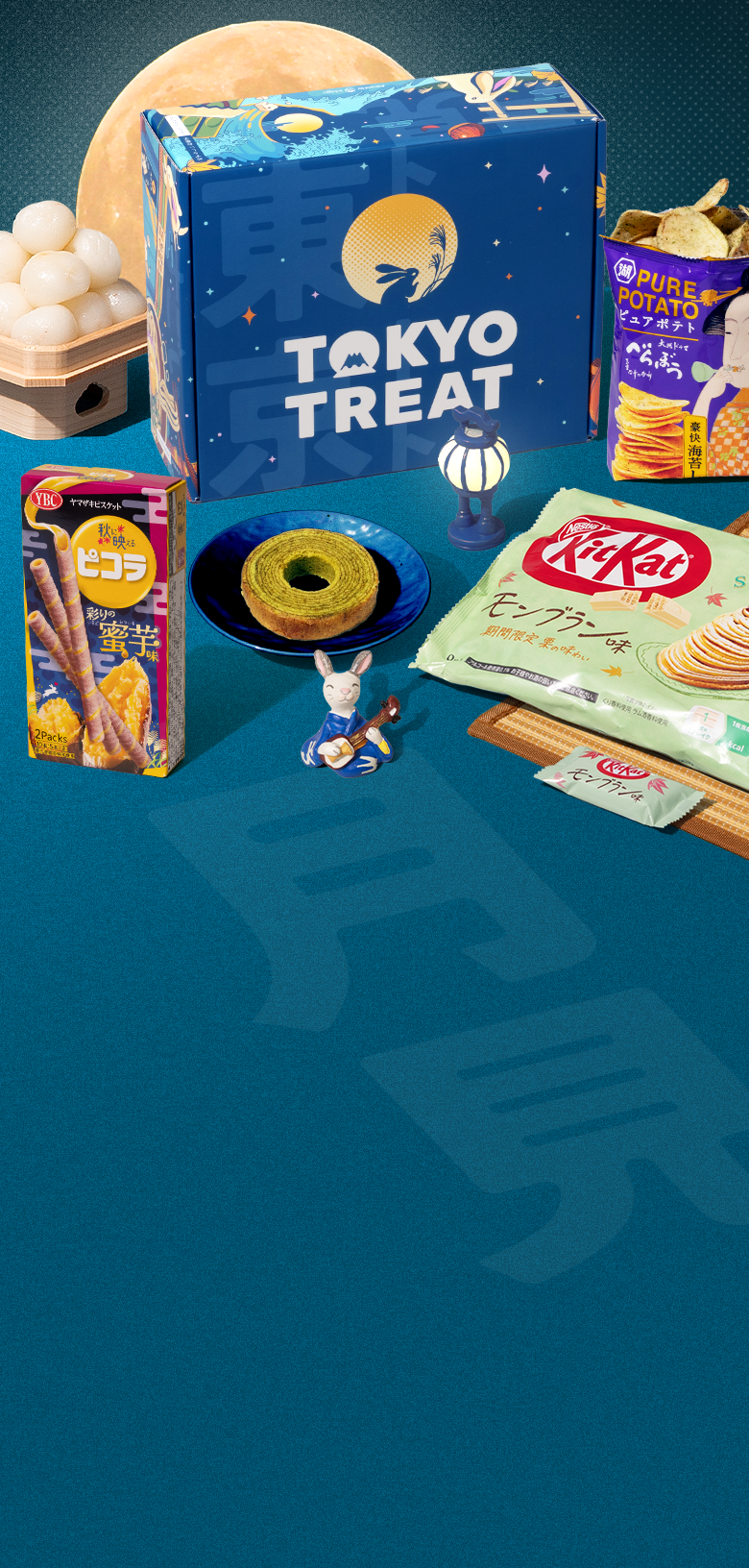 TokyoTreat tsukimi box with moon-themed snacks around it on blue background with moon
