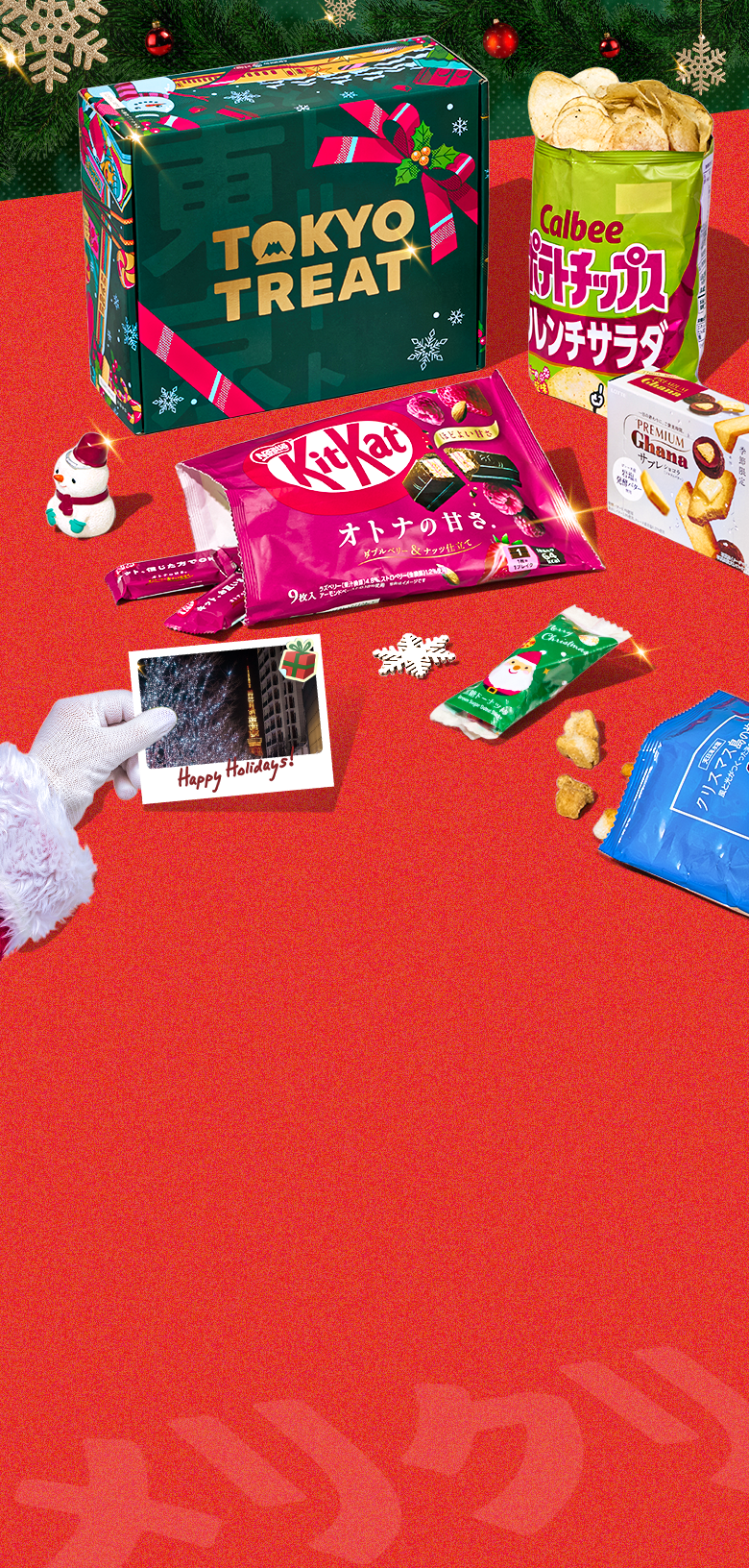 Green TokyoTreat Christmas box on red background with snowflake ornaments in the background 