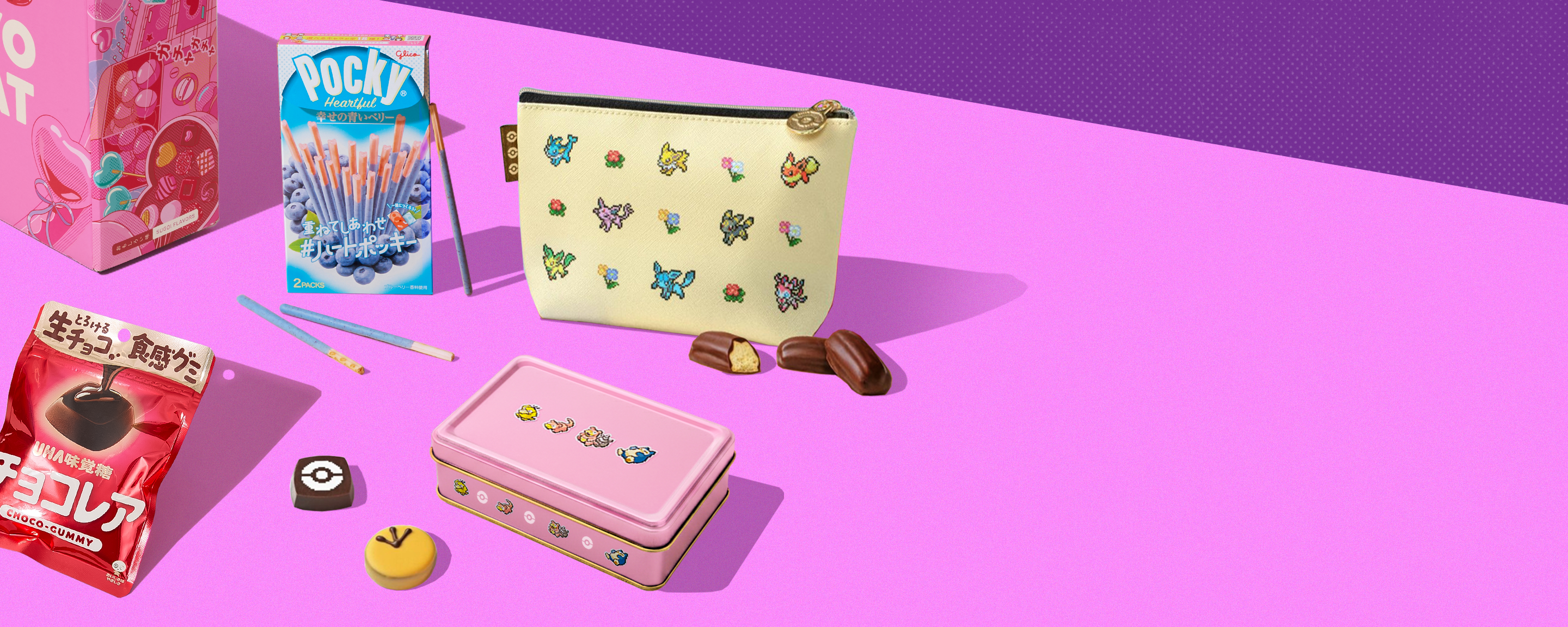 Pokémon chocolates and sweet treats on purple background 