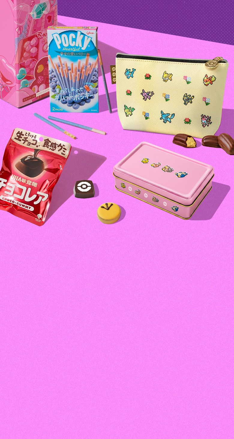 Pokémon chocolates and sweet treats on purple background 