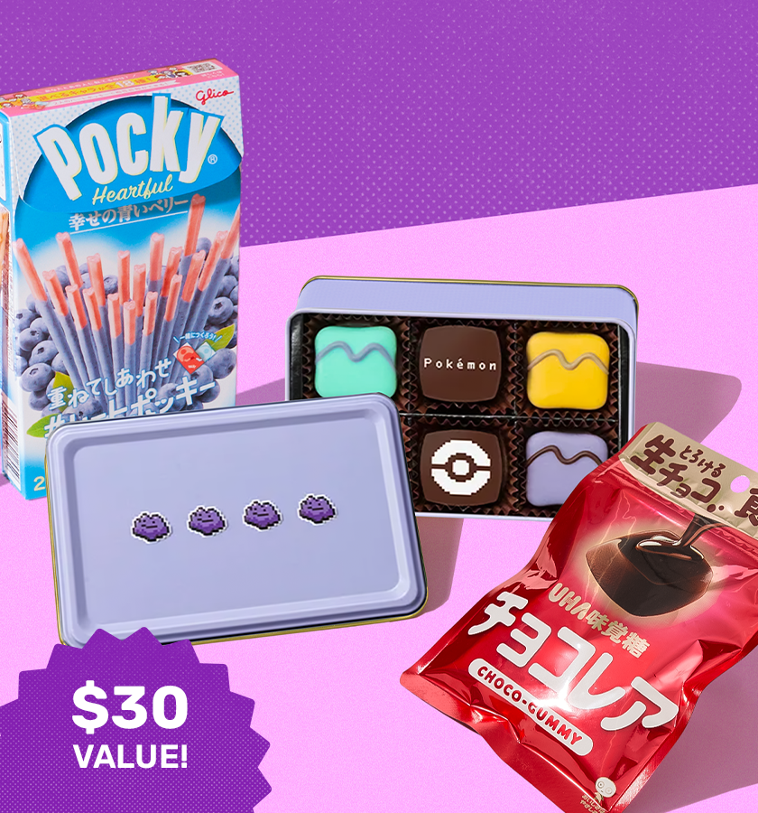 Pokemon chocolates and sweet treats on purple background 