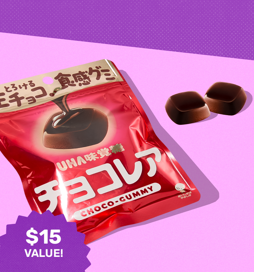 Chocolate gummies on purple background 