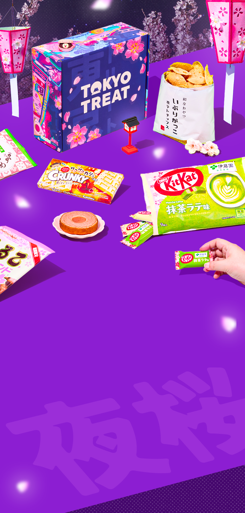 Purple TokyoTreat box with sakura snacks around it with nighttime cherry blossoms in the back