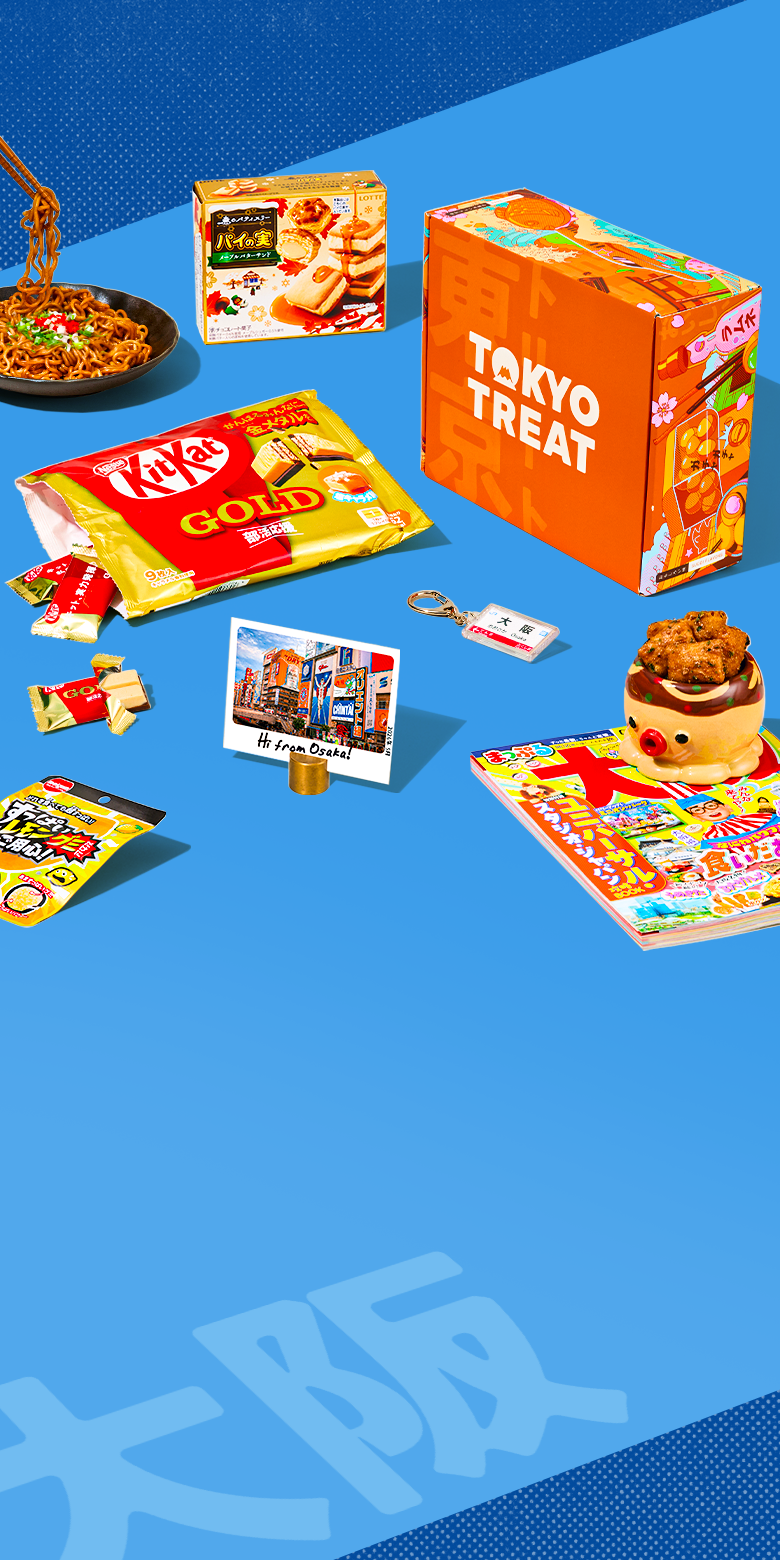 Orange TokyoTreat box with Osaka-themed snacks around it on blue background 