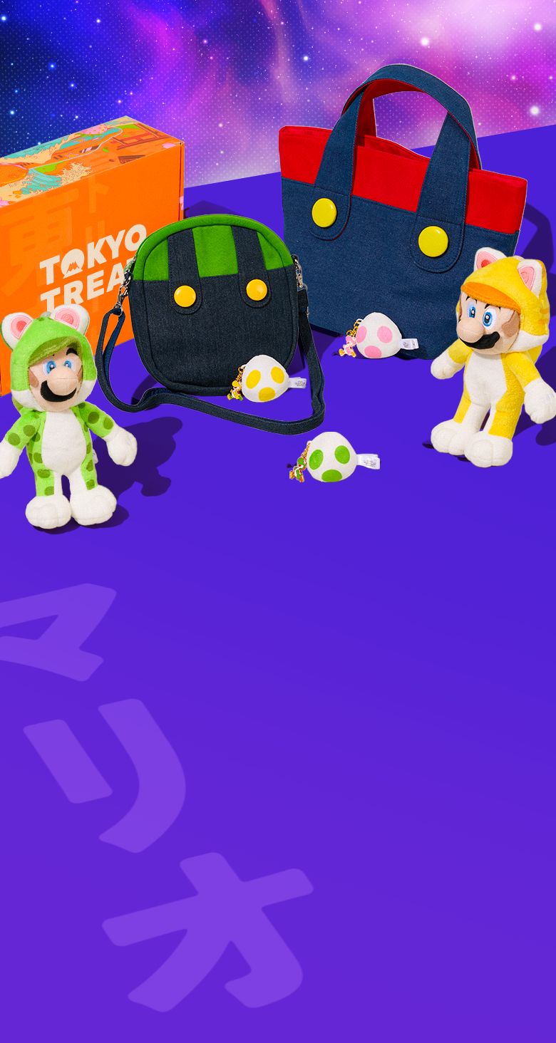 Super Mario merch on purple background with galaxy in the back