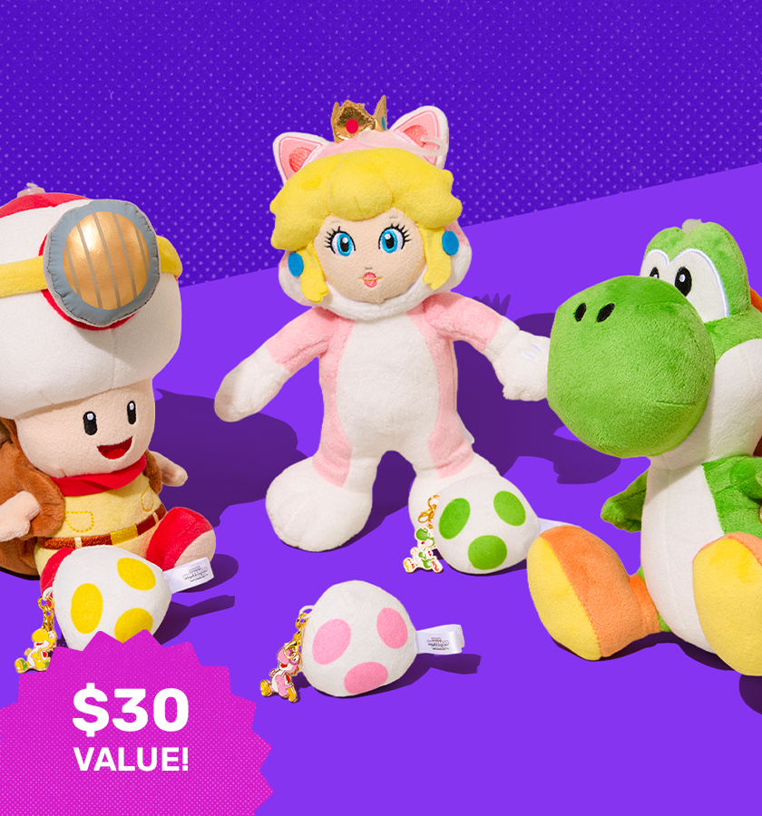 Assorted Super Mario character plushies on purple background 