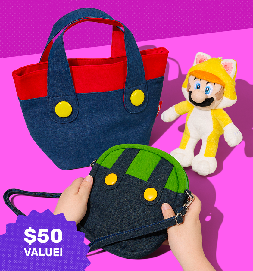 Super Mario bags with yellow Mario plushie on pink background 