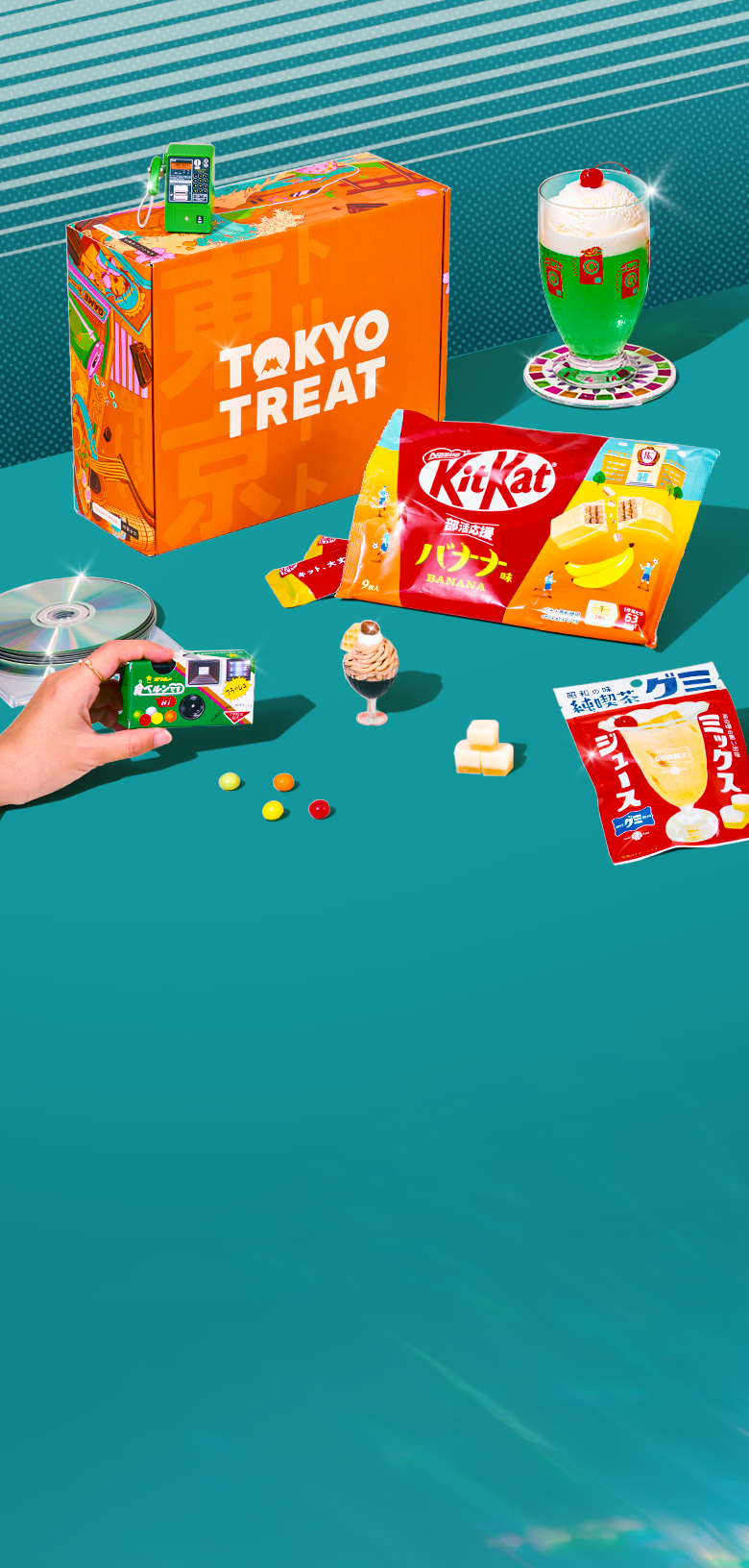 Orange TokyoTreat box with retro-themed Japanese snacks on teal background 