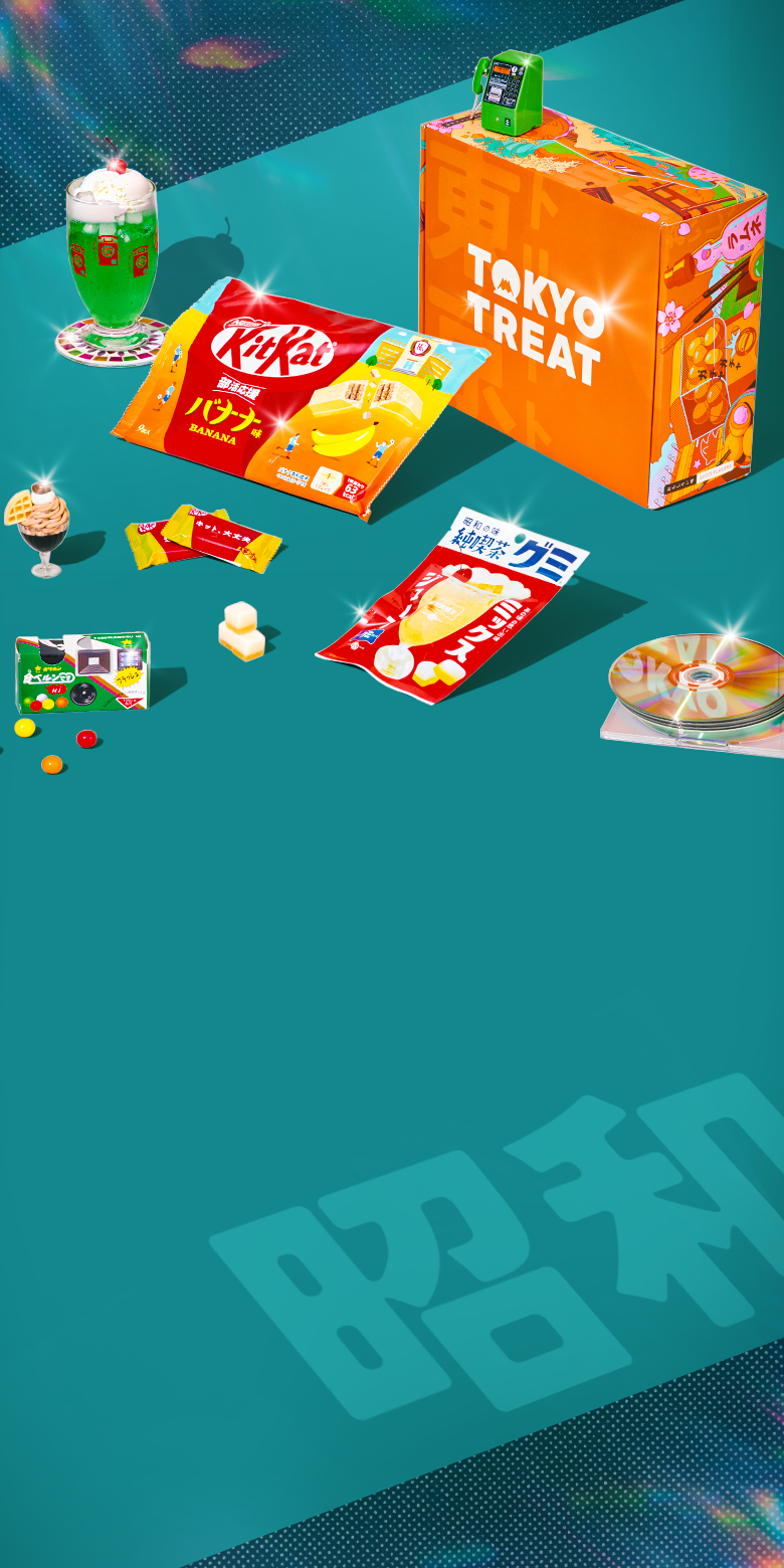 Orange TokyoTreat box with retro-themed snacks around it on teal background 