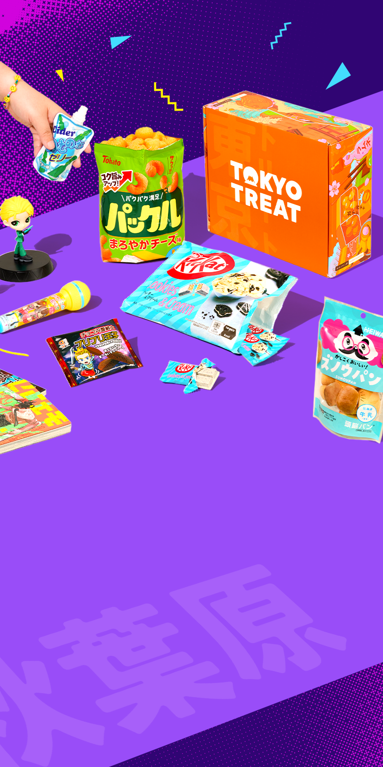 Orange TokyoTreat box with Akiba-themed snacks around it on purple background 