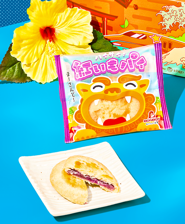 Sweet potato pie in a plate with yellow hibiscus flower in a blue background