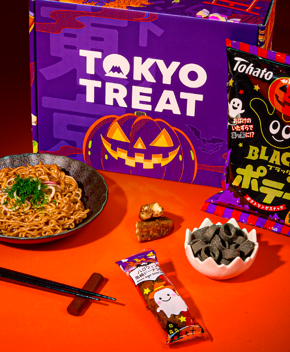 Savory Japanese snacks on a Halloween background
