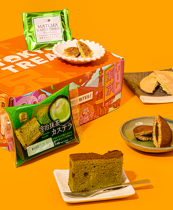 A variety of Japanese matcha snacks against an orange background