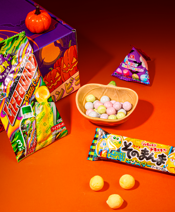 Japanese candy snacks on a Halloween background