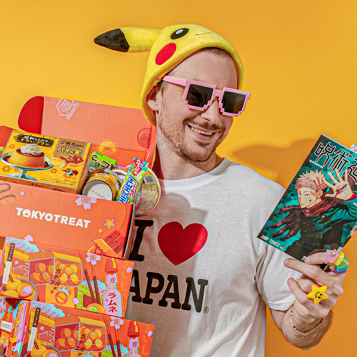 Cool guy with sunglasses and a Pikachu hat reading Jujutsu Kaisen