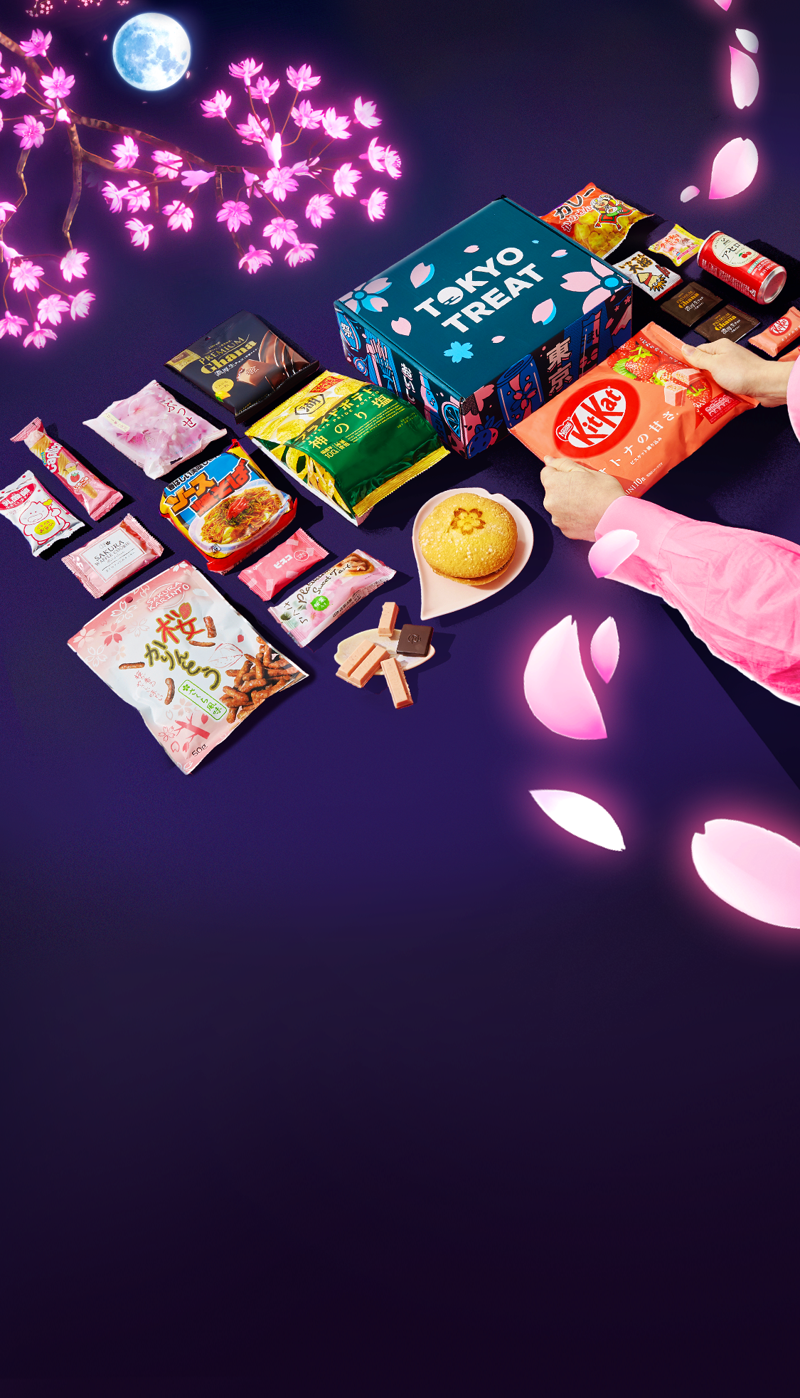 TokyoTreat box sits against a dark purple background, surrounded by cherry blossoms and box items.