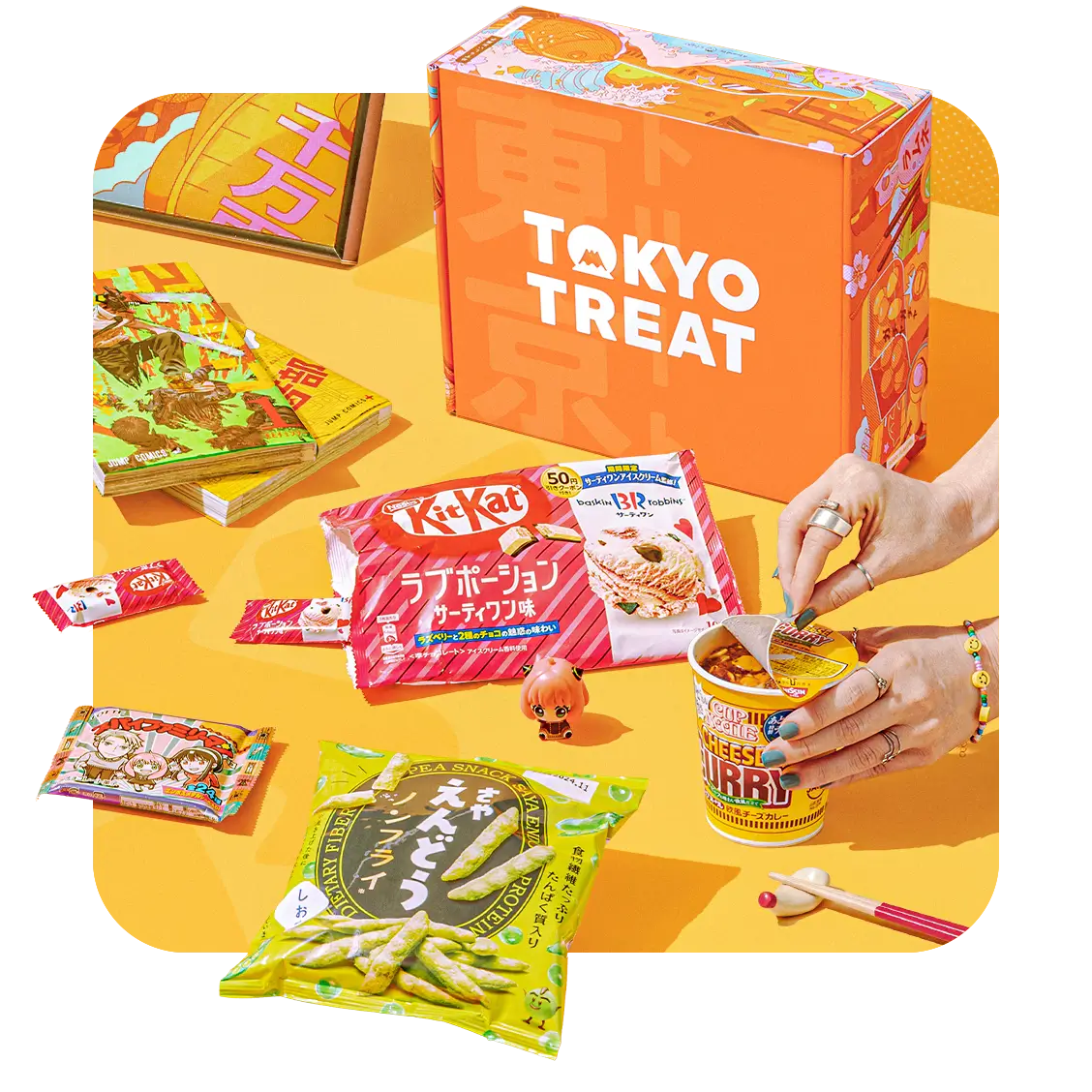 Orange TokyoTreat box with Japanese snacks around it