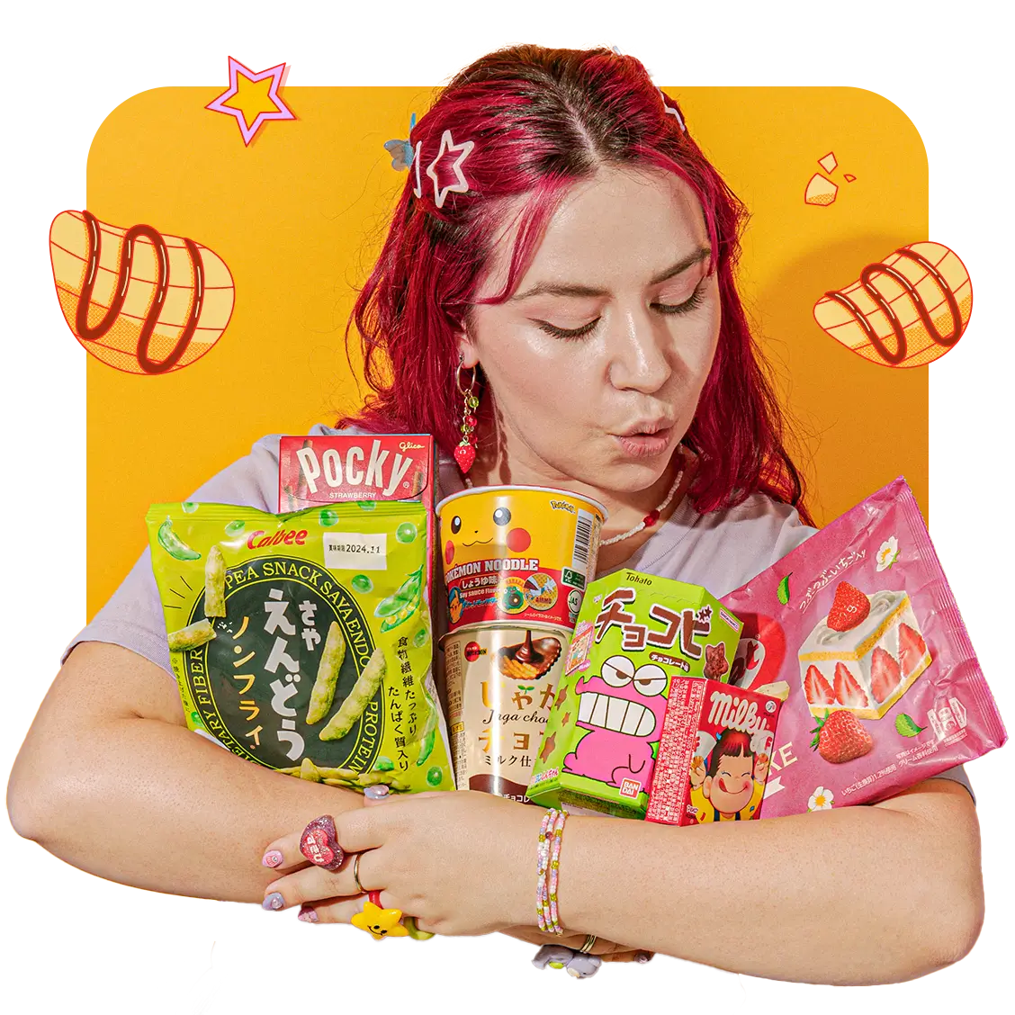 Girl with pink hair holding Japanese snacks in her hand
