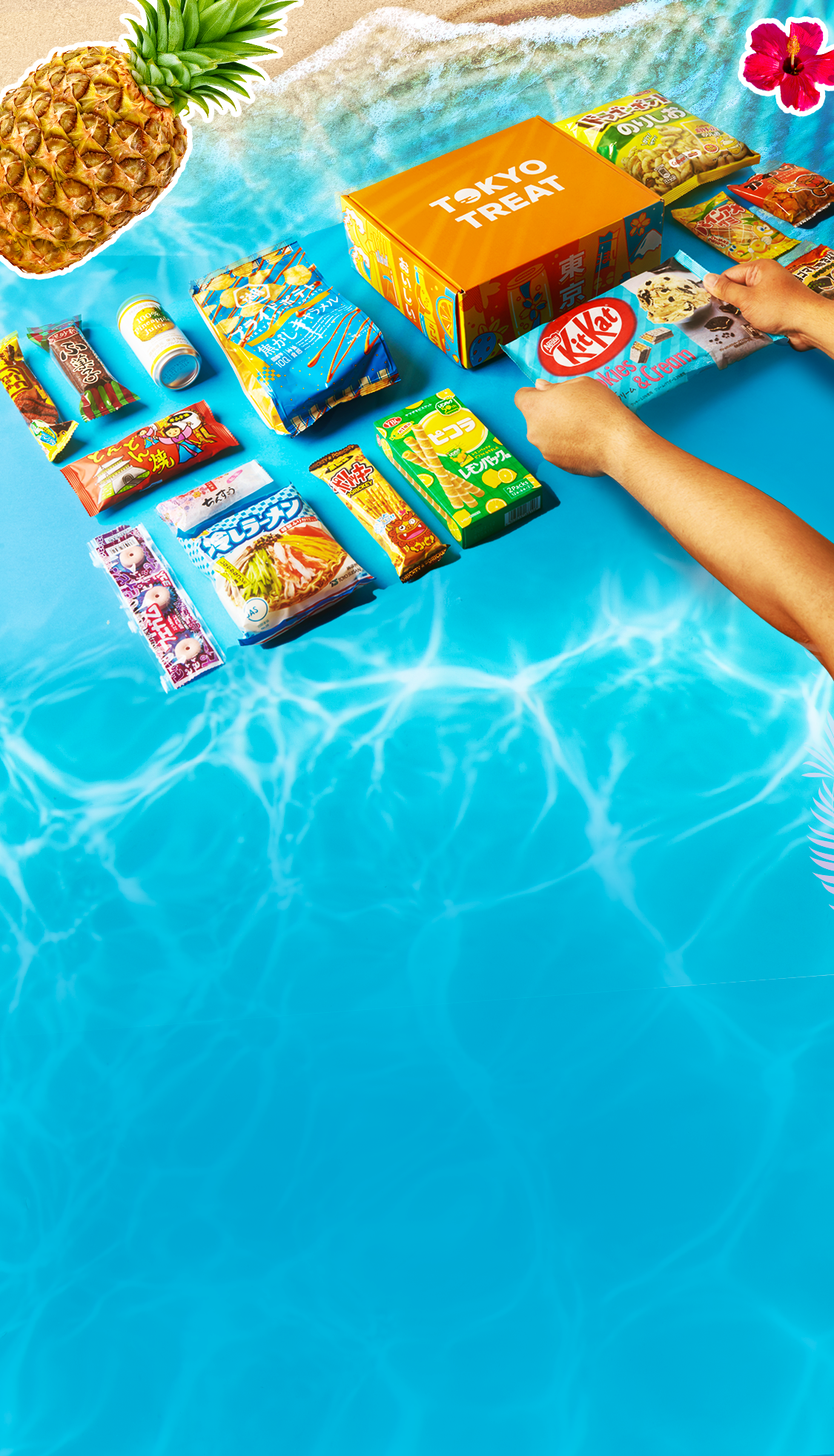 TokyoTreat box sits on a white-sand, blue-water Okinawa beach, surrounded by box items.