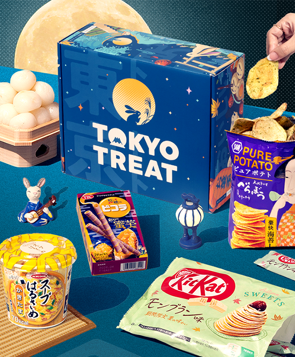 TokyoTreat Tsukimi box with moon-themed snacks around it