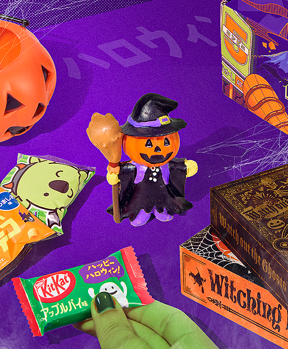 Jack-o-lantern prop with Halloween snacks around it on purple background