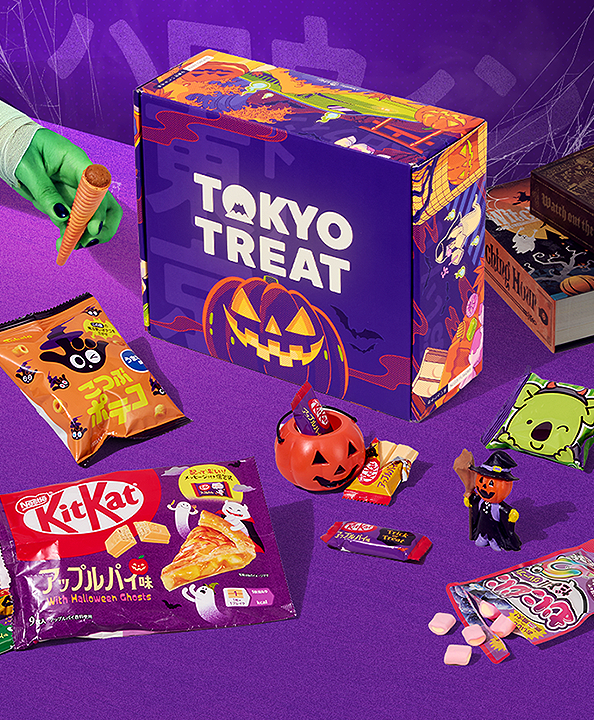TokyoTreat Halloween box with Halloween treats around it on purple background