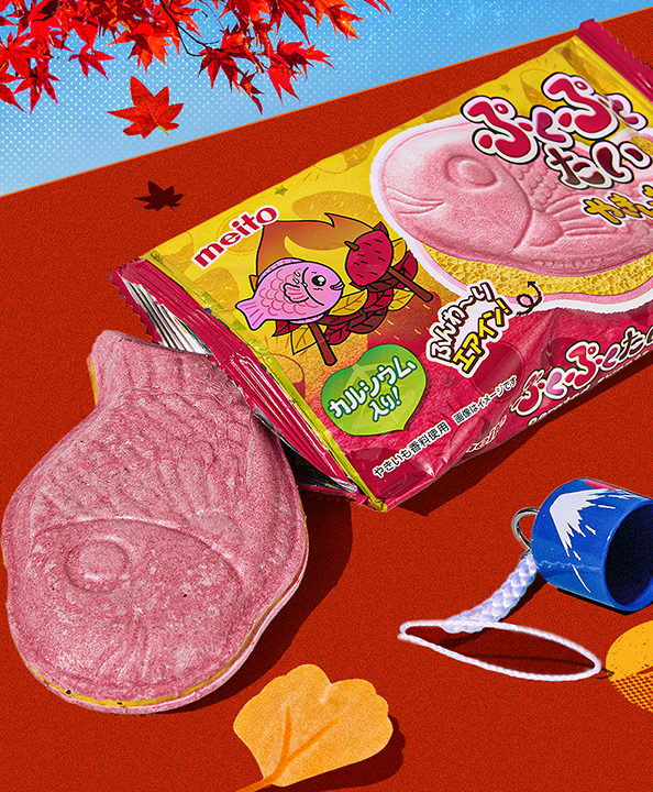 Sweet potato taiyaki on red background with autumn leaves in the back