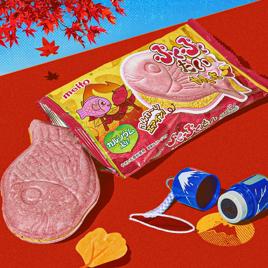 Sweet potato taiyaki on red background with autumn leaves in the back