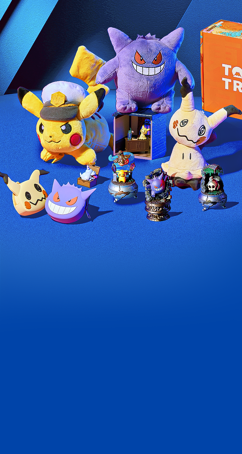Pokémon merch on a blue background