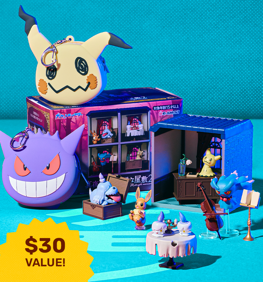 Pokémon face pouch and figurines on blue background