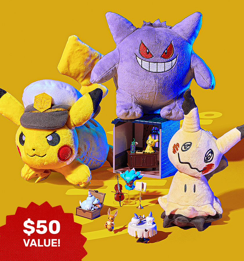 Pokémon plushies and figurines on yellow background